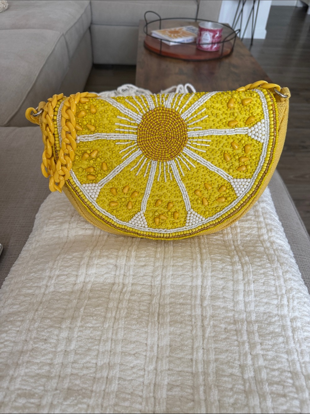 Yellow Beaded Citrus Half-Moon Shoulder Bag